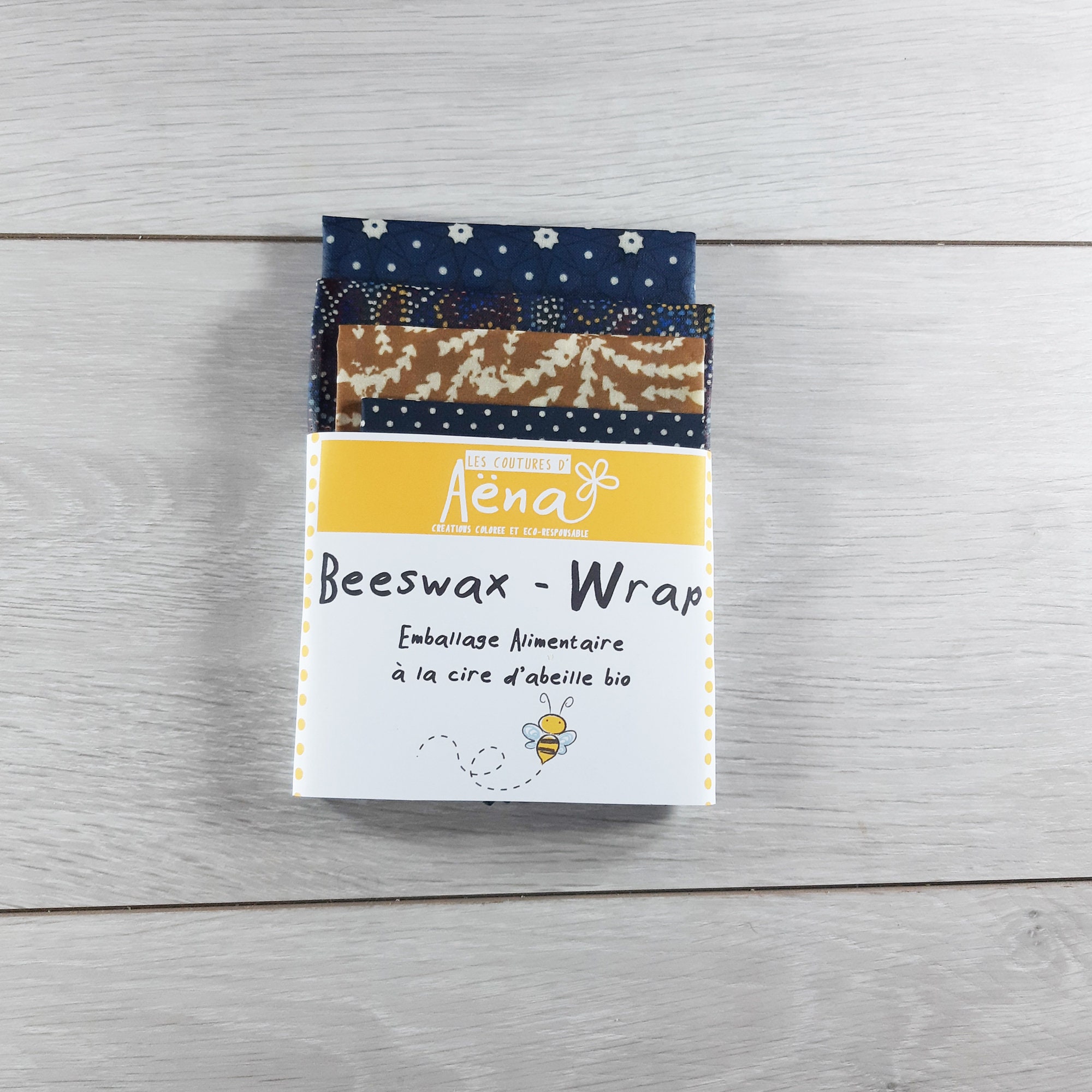 Lot de 4 Beeswax Wrap A La Cire D Abeille Bio Tissus Bleu et Ocre