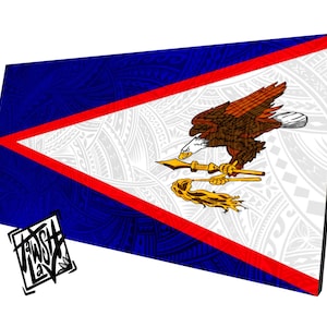 May include: A rectangular artwork featuring the flag of American Samoa. The flag has a blue background with a white triangle, red borders, and a brown eagle holding traditional symbols. The artwork includes a logo in the lower left corner.