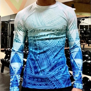 Blue Polynesian Tribal Triangle Designs Gym Clothes Workout Shirt Rash Guard