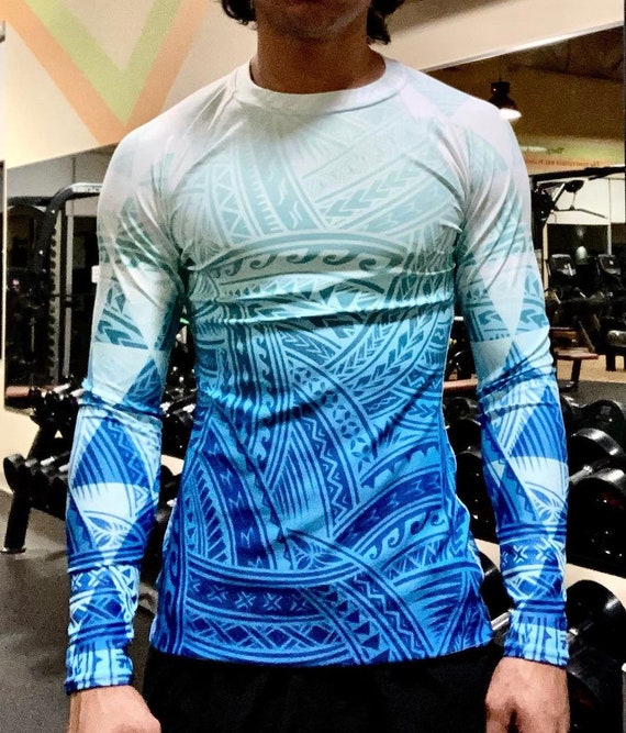 Blue Polynesian Tribal Triangle Designs Gym Clothes Workout Shirt Rash Guard