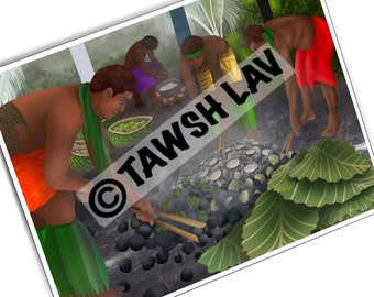 Umu Scene Samoans Cooking Food Artwork Polynesian Design Art Print