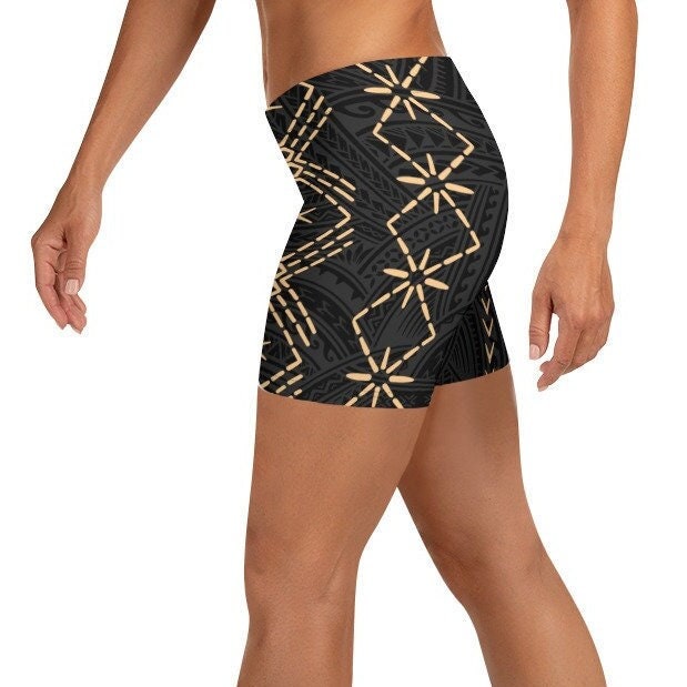 Samoan Malu Tights Black Gold Tatau Designs Tribal Art Shorts
