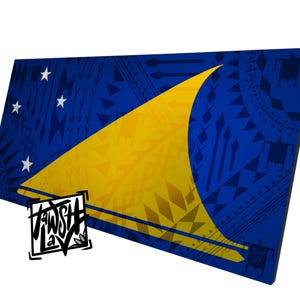 May include: A blue and yellow flag with a stylized sail design. The flag has five white stars in the upper left corner. The sail is yellow and the background is blue with a geometric pattern.