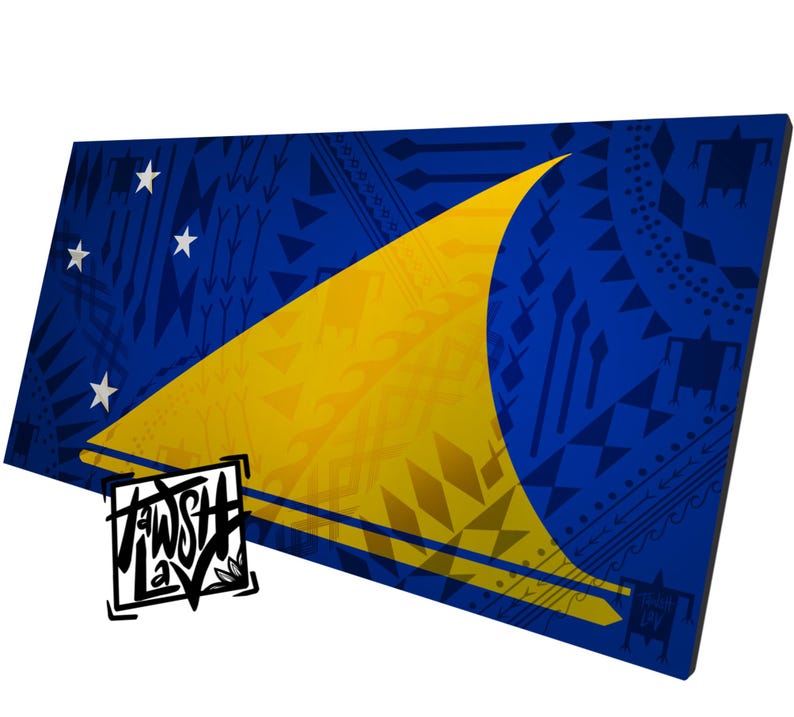 May include: A blue and yellow flag with a stylized sail design. The flag has five white stars in the upper left corner. The sail is yellow and the background is blue with a geometric pattern.