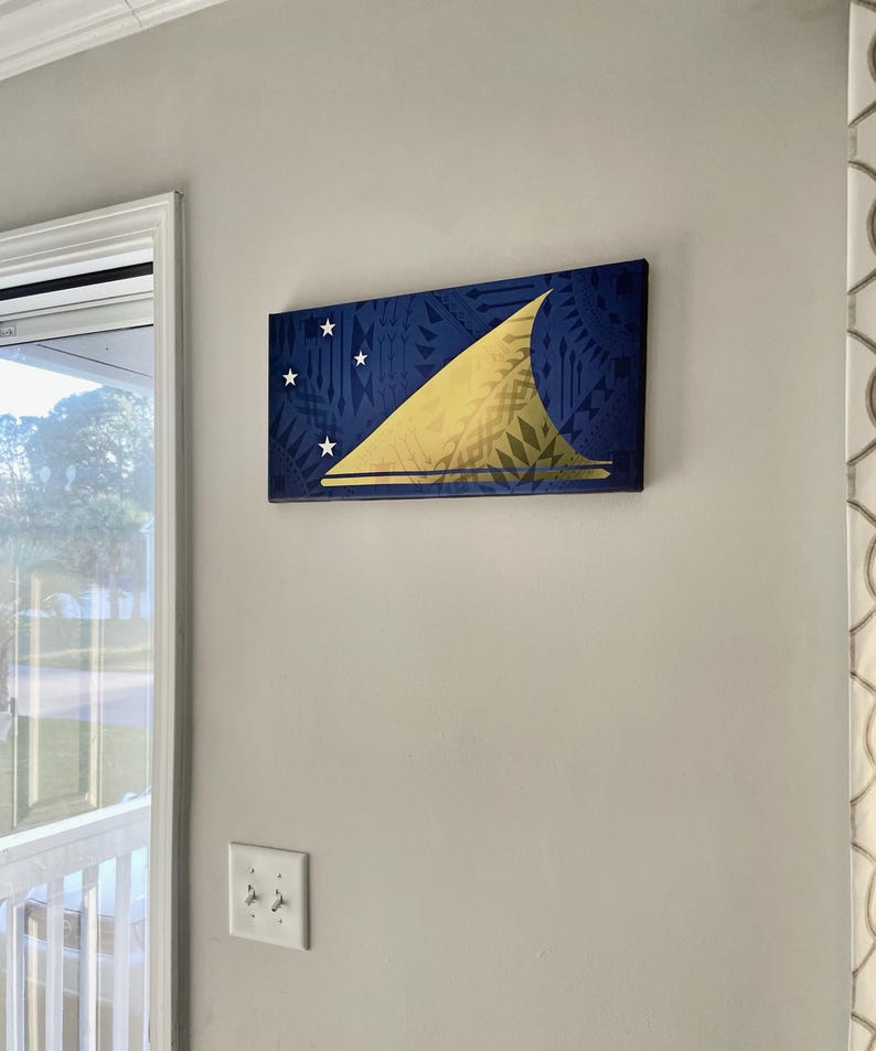 May include: A blue and gold canvas print of the flag of the Independent State of Samoa. The flag features a white triangle with five white stars and a gold sail on a blue background.