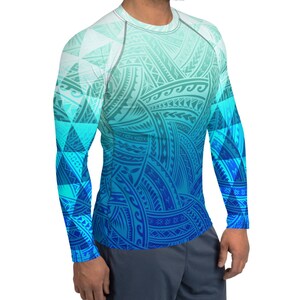 Blue Polynesian Tribal Triangle Designs Gym Clothes Workout Shirt Rash Guard image 4