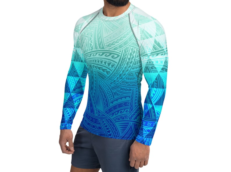 Blue Polynesian Tribal Triangle Designs Gym Clothes Workout Shirt Rash Guard image 3