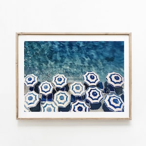 Vintage Beach Umbrella Aerial Print: Coastal Blue Decor (Digital Download)