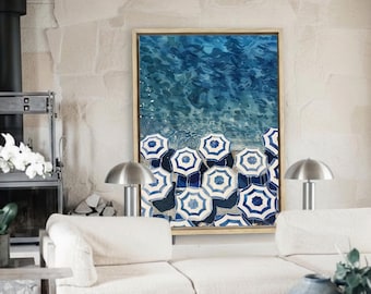 Coastal European Blue Umbrella Beach House Decor Unframed or Framed Canvas | Oversized Wall Art