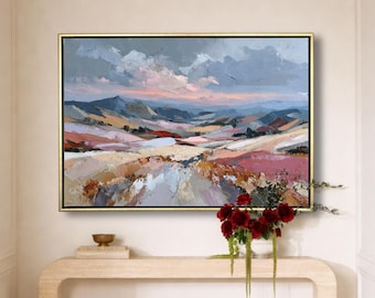 Abstract Rolling Hills Canvas Art | Colorful Patchwork Fields Oil Painting Style, Framed Wall Decor