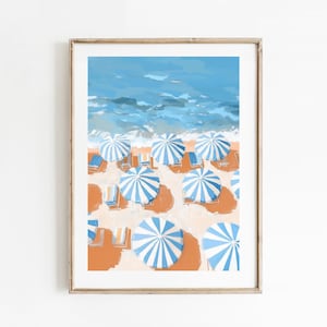 Vintage Beach Umbrella Aerial Print: Coastal Blue Decor (Digital Download)