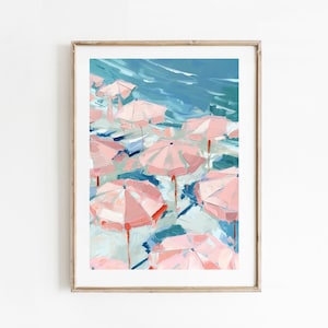 Pink Beach Umbrellas Aerial Print: Coastal Wall Art (Digital Download)