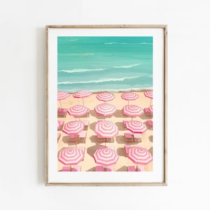 Vintage Beach Aerial Print: Pink Umbrellas, Coastal Wall Art (Digital Download)