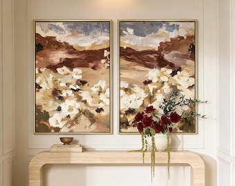 Brown and Beige Floral Landscape Framed Canvas Wall Art | Oversized Cottagecore House Decor