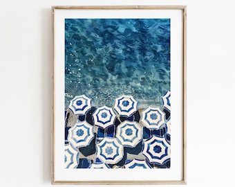 Vintage Beach Umbrellas Aerial Print: Coastal Blue Decor (Digital Download)
