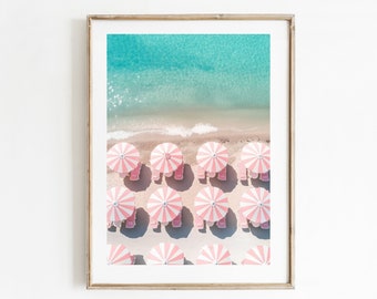 Vintage Beach Aerial Print: Pink Umbrellas, Coastal Wall Art (Digital Download)