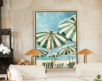 Coastal Sage Green Beach Umbrellas Canvas Art | Beach House Statement Piece