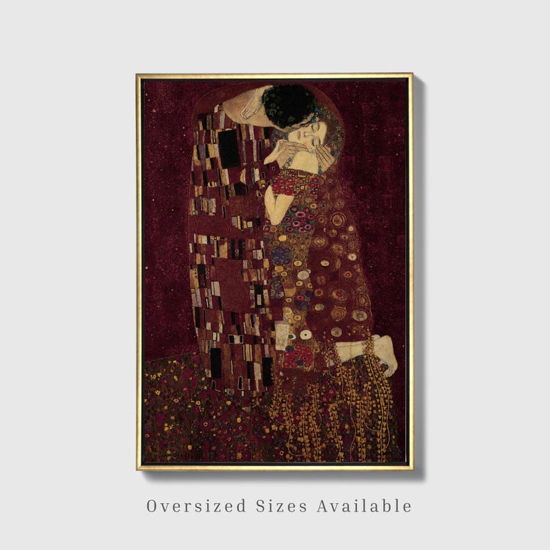 Impression sur toile bordeaux encadrée | Le baiser inspiré de Klimt, décor Dark Academia image 2