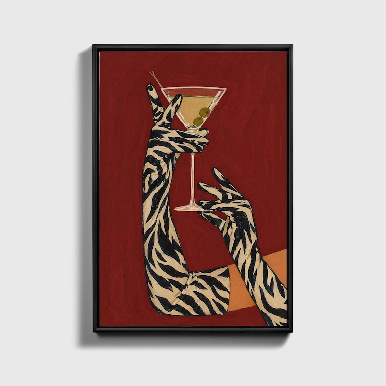 Zebra Print Martini Canvas Art, Retro Cocktail Bar Decor, Maximalist Wall Art image 17