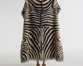 Abstract Zebra Stripe Woven Blanket | Cotton Throw, Fringed Edges, Animal Print Decor