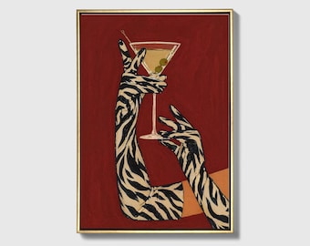 Zebra Print Martini Canvas Art, Retro Cocktail Bar Decor, Maximalist Wall Art