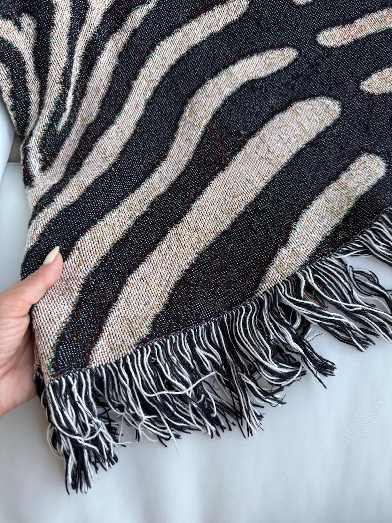 Abstract Zebra Stripe Woven Blanket | Cotton Throw, Fringed Edges, Animal Print Decor image 5