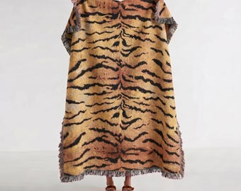 Tiger Print Woven Blanket | Boho Cotton Throw, Fringed Edges