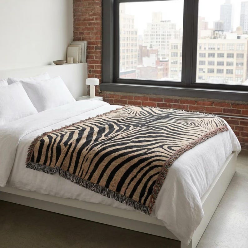 Abstract Zebra Stripe Woven Blanket | Cotton Throw, Fringed Edges, Animal Print Decor image 12