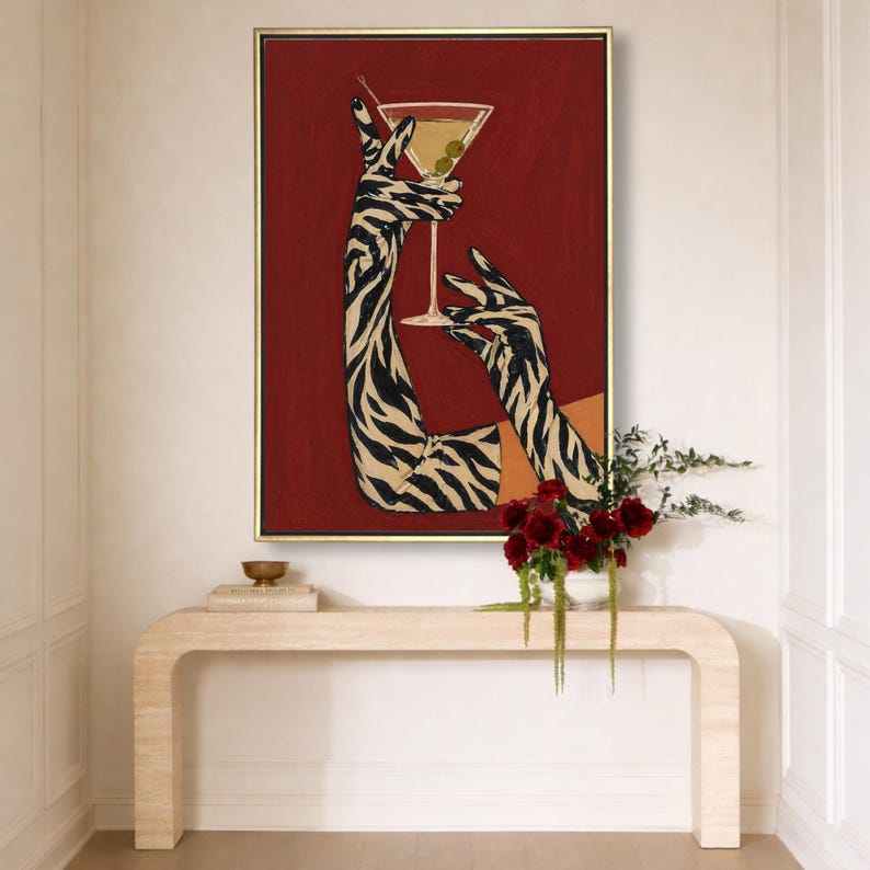 Zebra Print Martini Canvas Art, Retro Cocktail Bar Decor, Maximalist Wall Art image 3