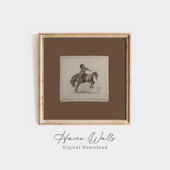 Vintage Cowboy Horse Art Print: Mocha Brown Rustic Western Square Wall Art (Digital Download)