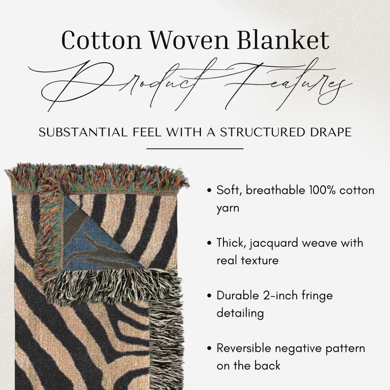 Abstract Zebra Stripe Woven Blanket | Cotton Throw, Fringed Edges, Animal Print Decor image 8