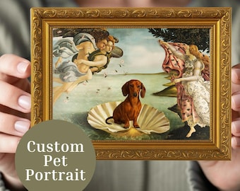 May include: A rectangular gold ornate frame containing a print of a brown dachshund sitting inside a large seashell, surrounded by classical figures in a landscape. The print features the text Custom Pet Portrait in a circular overlay.
