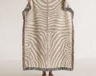 Beige Abstract Zebra Stripe Woven Blanket | Animal Print Throw, Neutral Decor
