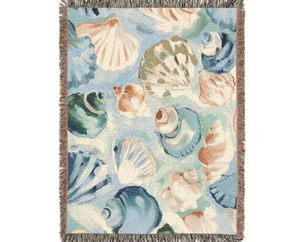 Coastal Seashell Woven Blanket | Cotton Throw, Beach House Decor, Fringed Edges
