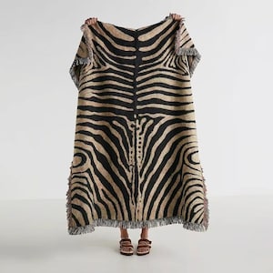 Abstract Zebra Stripe Woven Blanket | Cotton Throw, Fringed Edges, Animal Print Decor