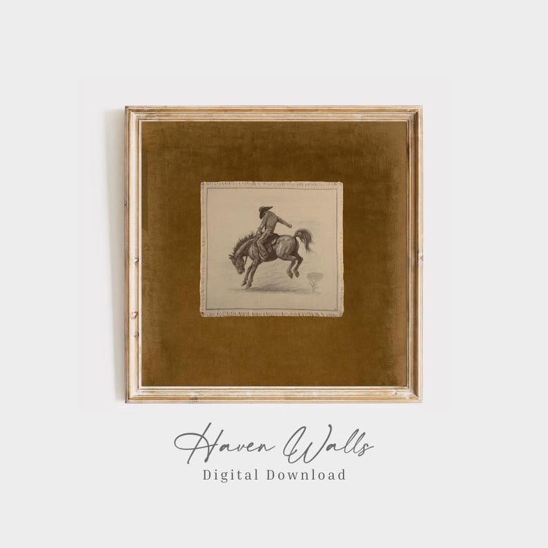 May include: A framed print featuring a sepia-toned illustration of a cowboy riding a bucking horse. The artwork is set against a gold-colored background within a gold-toned frame. The text "Haven Walls Digital Download" is at the bottom.