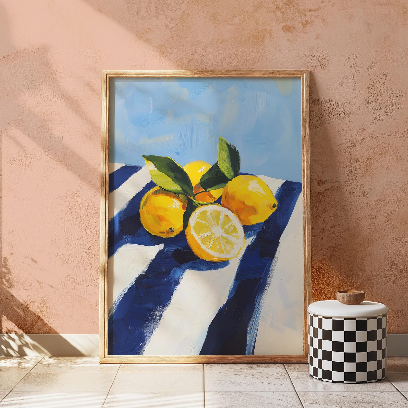 Lemon and Stripes Art, Trendy Blue Fruit Wall Art, Blue Home Decor ...