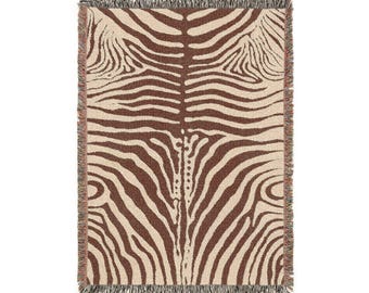 Brown and Beige Abstract Zebra Stripe Woven Blanket | Animal Print Throw, Neutral Decor