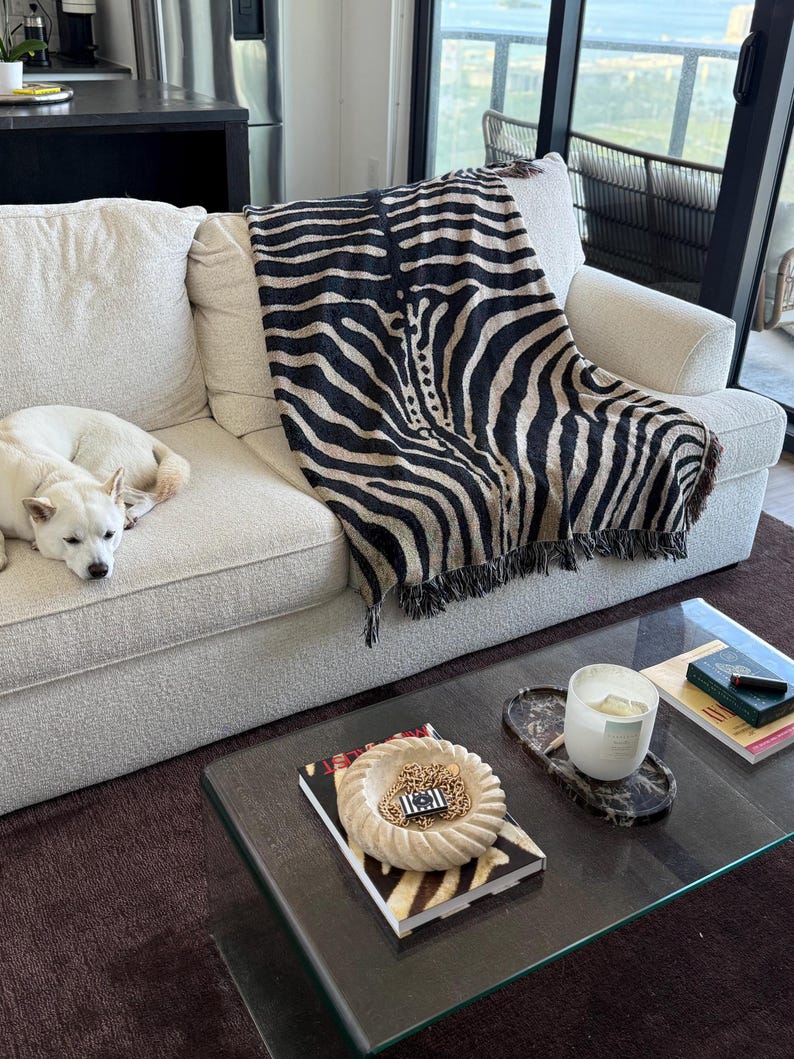 Abstract Zebra Stripe Woven Blanket | Cotton Throw, Fringed Edges, Animal Print Decor image 7