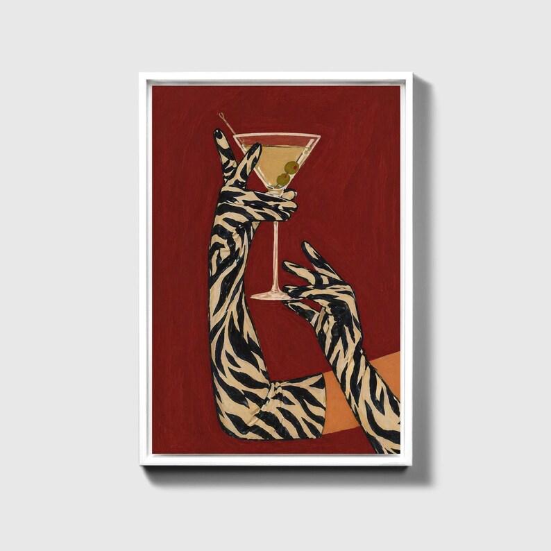 Zebra Print Martini Canvas Art, Retro Cocktail Bar Decor, Maximalist Wall Art image 14