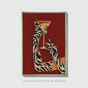 Zebra Print Martini Canvas Art, Retro Cocktail Bar Decor, Maximalist Wall Art image 1