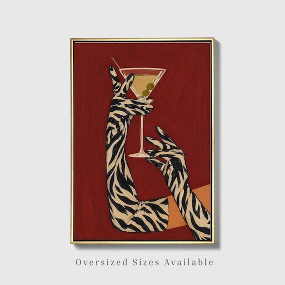 Zebra Print Martini Canvas Art, Retro Cocktail Bar Decor, Maximalist Wall Art