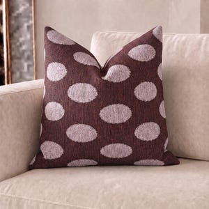 Burgundy Baby Pink Polka Dot Woven Pillow, 70s Retro Accent Cushion