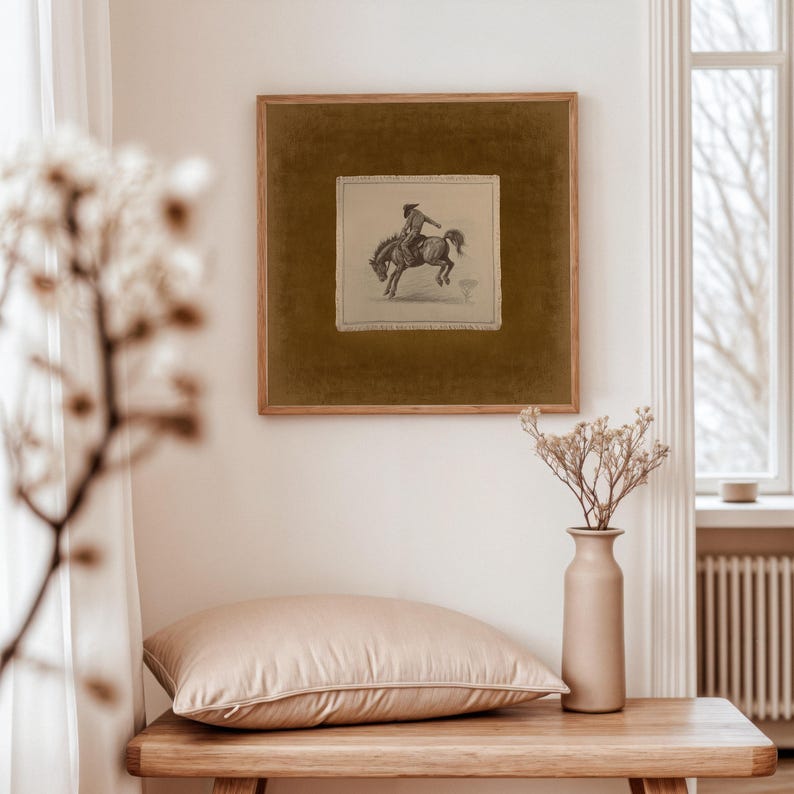May include: A framed vintage print of a cowboy riding a bucking horse. The artwork is in a wooden frame with a gold-toned background. The print is displayed above a wooden bench with a pillow and a vase with dried flowers.