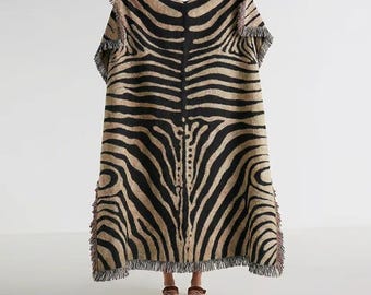 Abstract Zebra Stripe Woven Blanket | Cotton Throw, Fringed Edges, Animal Print Decor