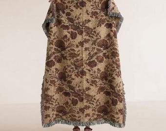 Brown Neutral Botanical Baroque Floral Woven Blanket | Apartment Decor