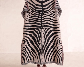Abstract Zebra Stripe Woven Blanket | Cotton Throw, Fringed Edges, Animal Print Decor