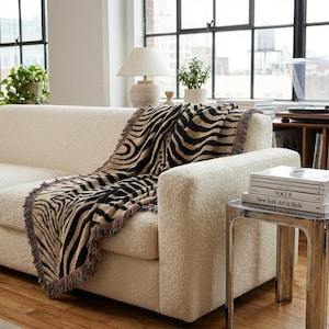 Abstract Zebra Stripe Woven Blanket | Cotton Throw, Fringed Edges, Animal Print Decor image 4