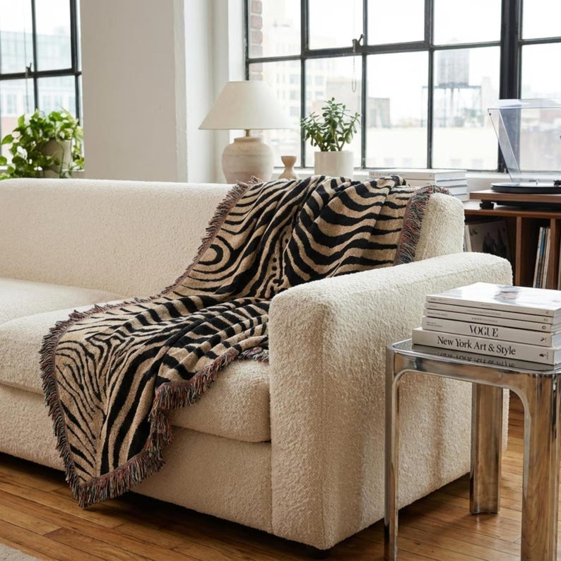 Abstract Zebra Stripe Woven Blanket | Cotton Throw, Fringed Edges, Animal Print Decor image 4