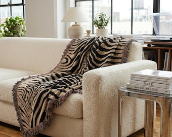 Abstract Zebra Stripe Woven Blanket | Cotton Throw, Fringed Edges, Animal Print Decor
